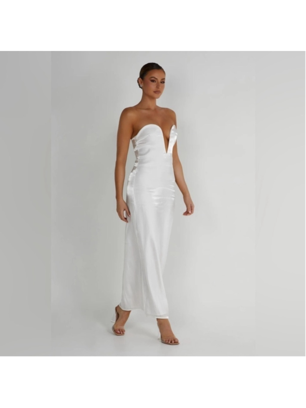 Meshki White Chantelle Strapless Plunge Satin Midi Dress - Picture 4 of 8